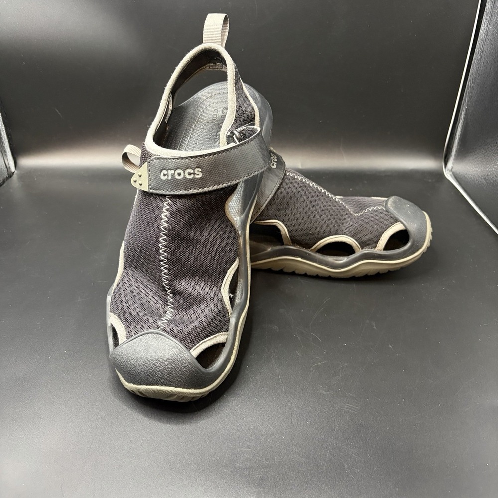 Crocs Swiftwater Mesh Deck Shoes Sandals Black Gray Men's Size 10 Adjustable